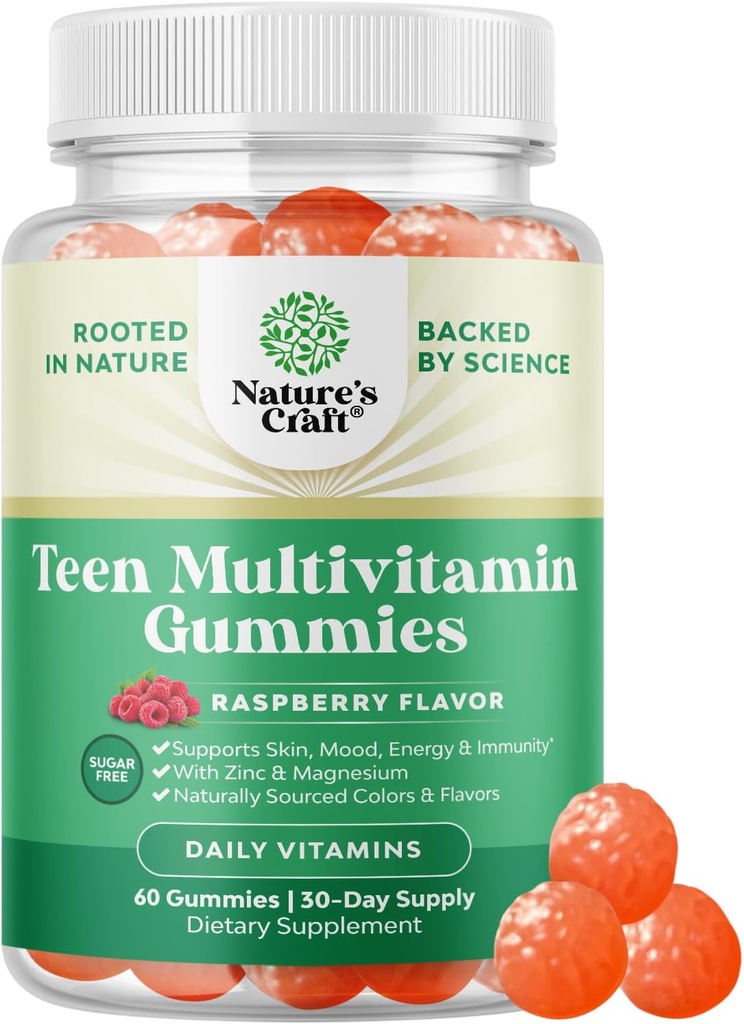 Teen Multivitamin Gummies 12-17 - Teen Boys & Girls Gummy Vitaminer for bedre hud, immunstyrke, Mood & Energy Support - Teenage Girl & Boy Kosttilskud med Zn, Mg, Vitamin A, C, D & E - 60 Ct