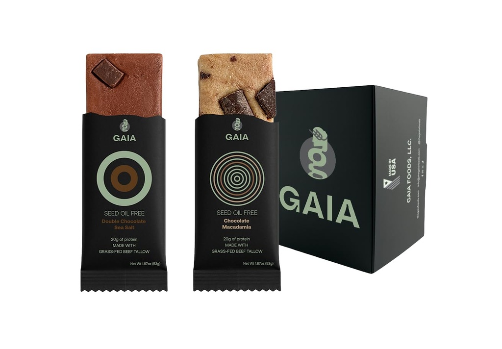 Gaia Foods, Protein Bar, Variety Pack Protein Bar, Pack of 12 Protein Bars | 20g of Protein | Seed Oil Free | Soy Free | High Protein