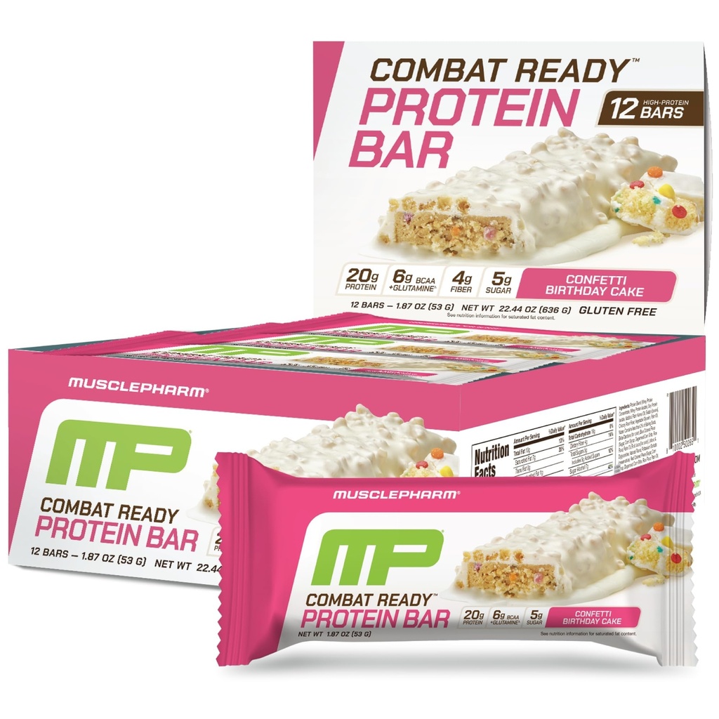 MusclePharm Combat Ready Protein Bar, Confetti Cake High Protein Bars, Combat Cravings, Fuel Performance & Meet Energy Demands, 20g Protein from Whey Protein, 4g Fiber, Gluten Free, 12 Bars