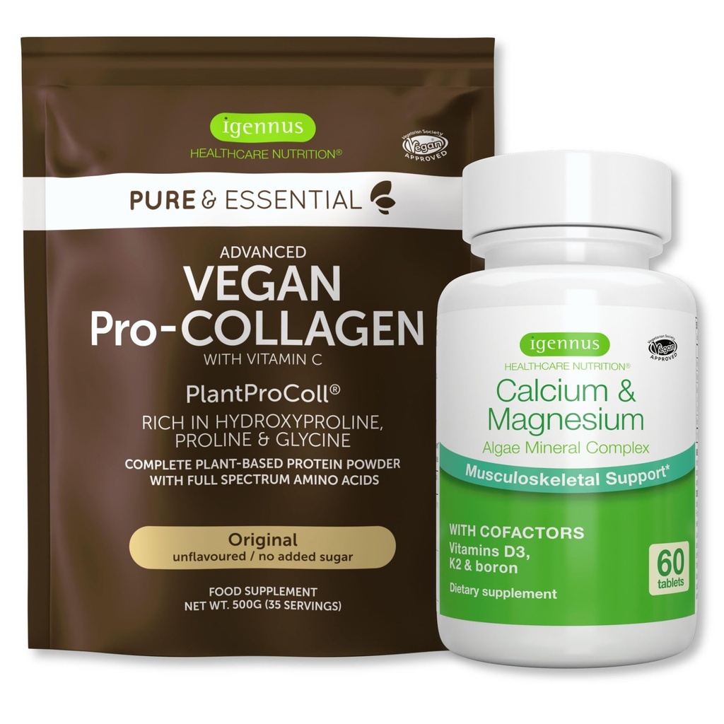 Vegan Collagen Protein Powder + Calcium & Magnesium Complex Vegan Bundle, Comprehensive Bone Support, by Igennus