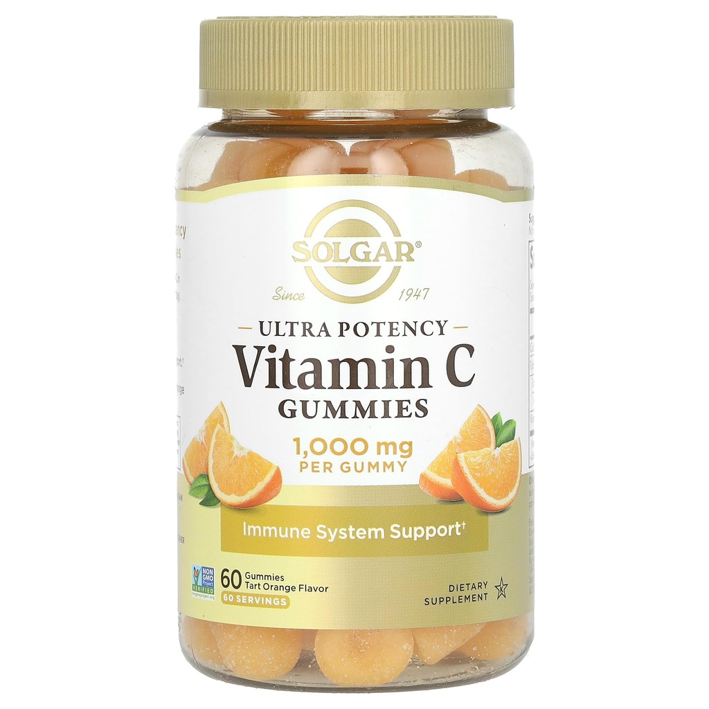 Solgar C-vitamin Gummies til voksne 1.000mg Ultra Potence C-immunsystem støtte til kvinder & mænd - Tasty Tart Orange Flavor, Vegan & Gluten- Free Gummy, 2 Måned Supply, 60 Servering, 2g Sukker