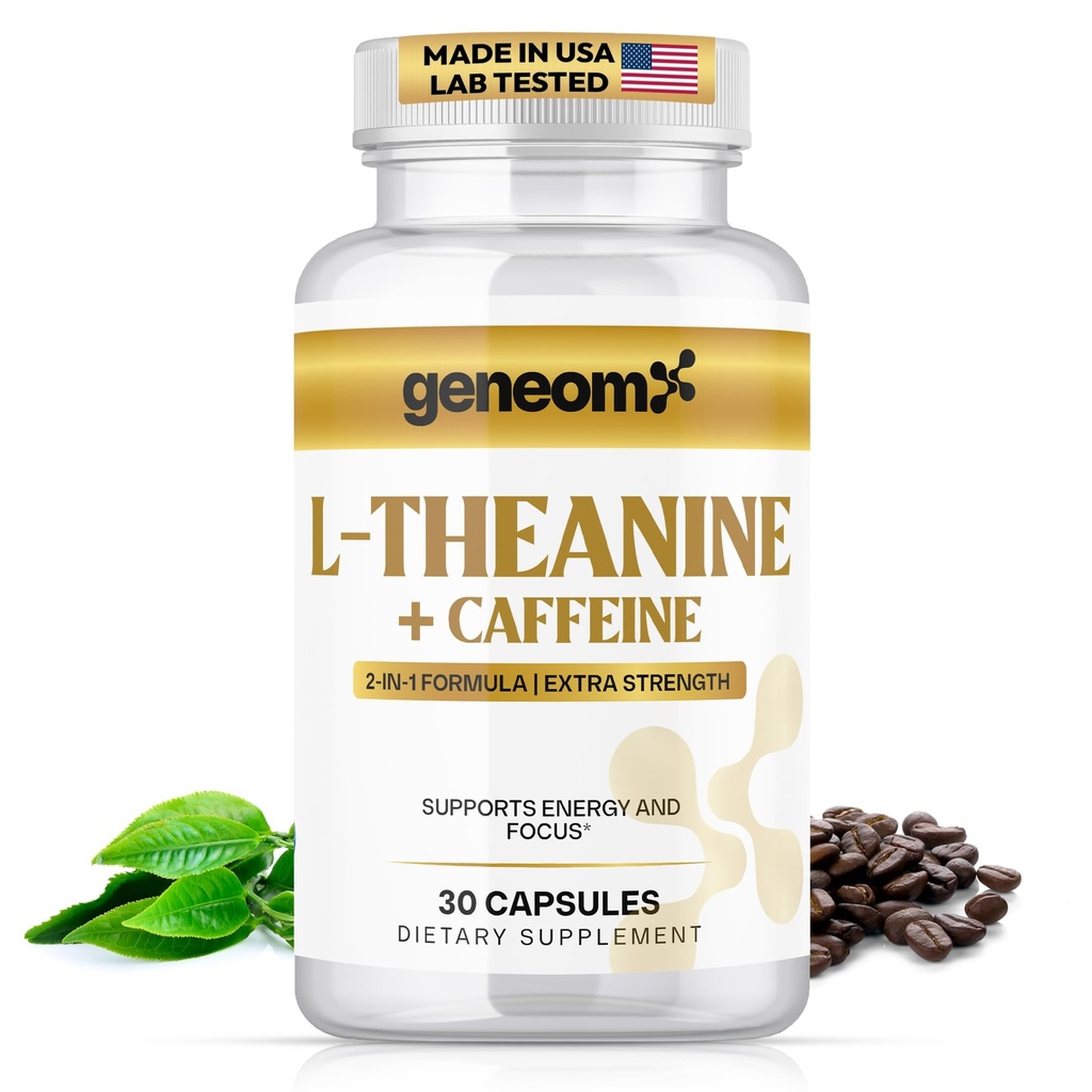 L-Theanine + Caffeine Supplement - Extra Strength 2-in-1 Formula for Mental Clarity, Energy and Focus with Natural Green Coffee Bean Extract, Supports Calm & Alertness, 30 Vegetarian Capsules