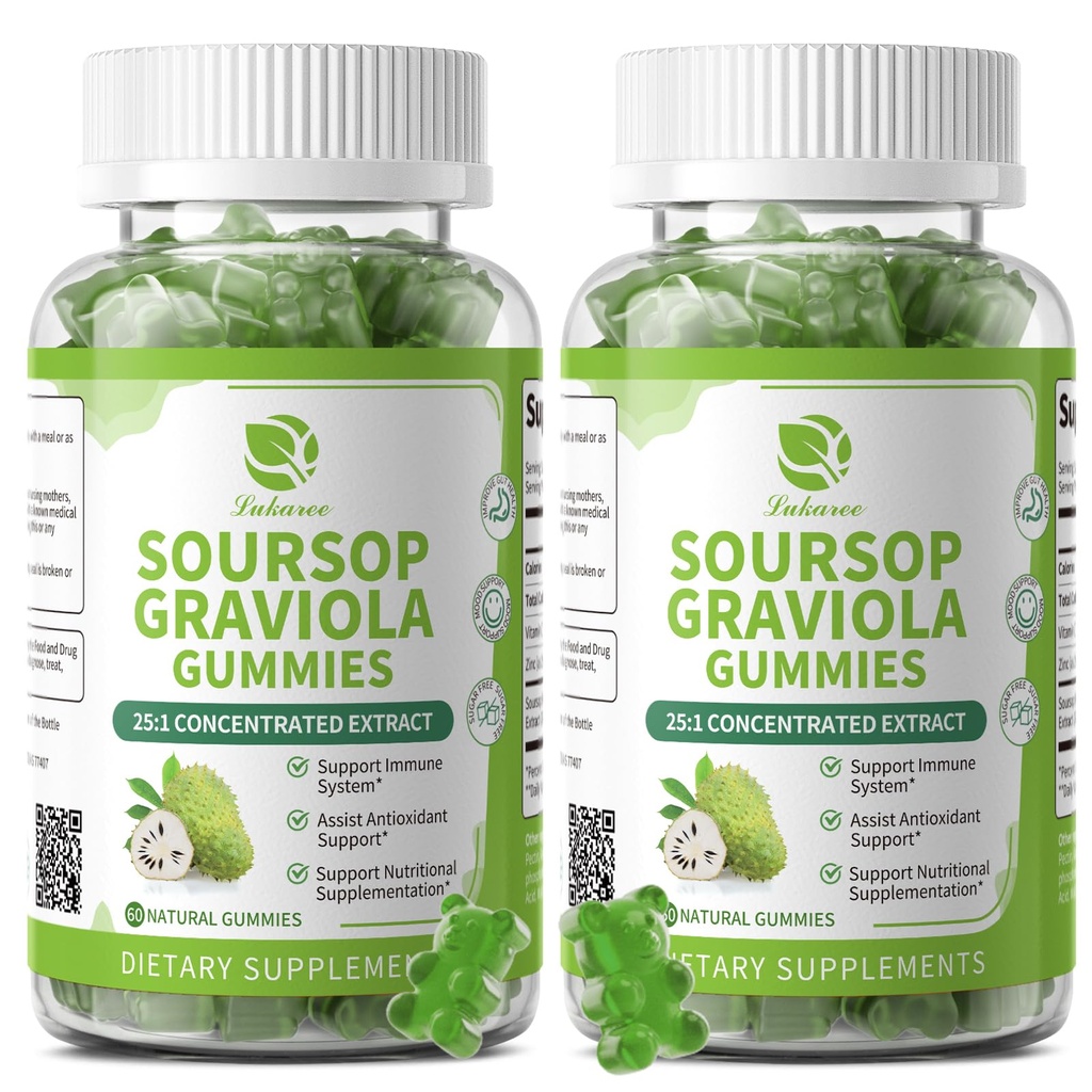 (2 Pack) Soursop Graviola Gummies - Soursop blade ekstrakt w / C-vitamin, Zink & hel naturlig mad til immunitet, lever, Zzz & Antioxidant, Gluten Free, Vegan, 120 Gummies