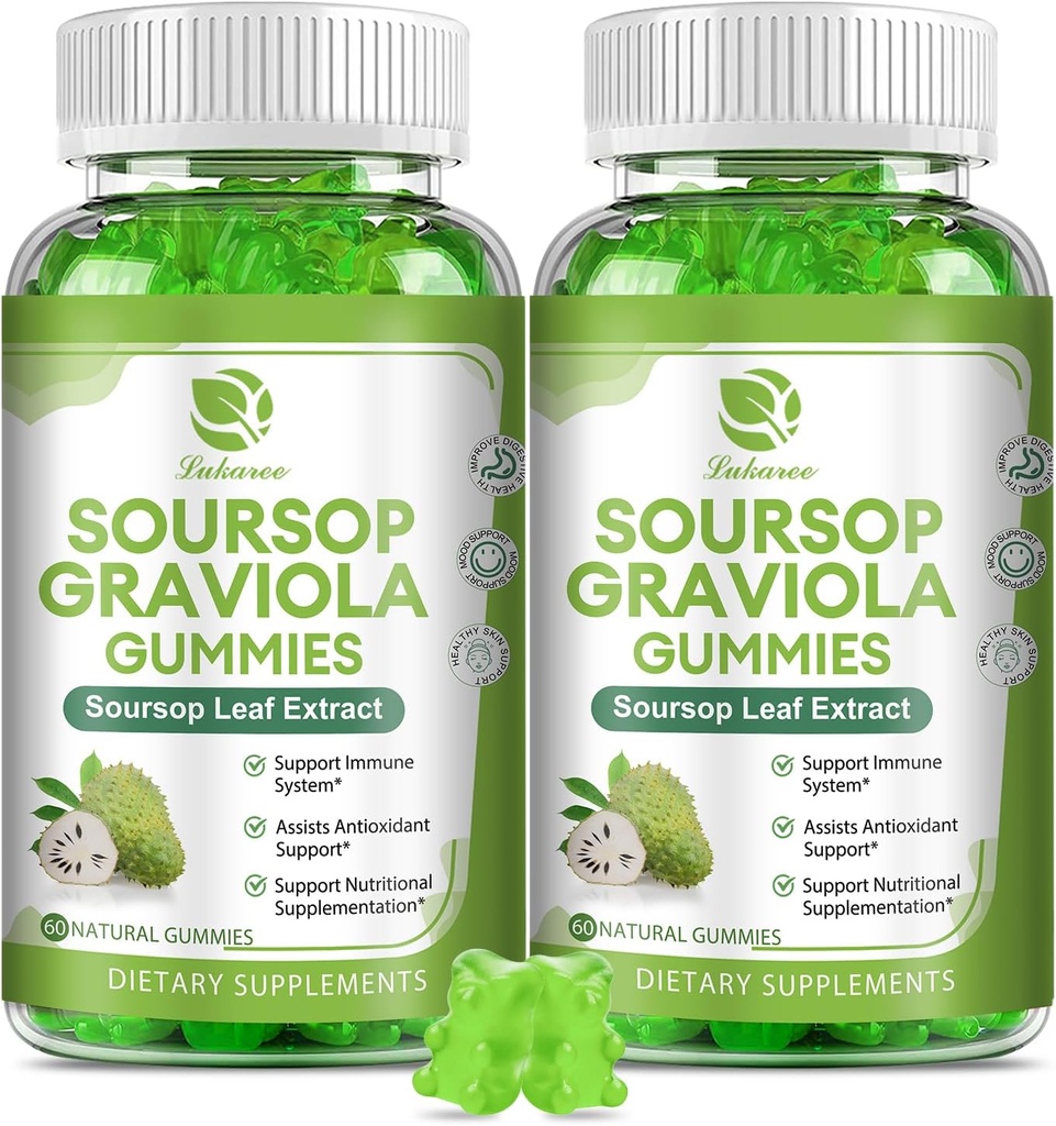 (2 Pack) Soursop Graviola Gummies - Soursop blade ekstrakt w / C-vitamin, Zink & hel naturlig mad til immunitet, lever, Zzz & Antioxidant, Gluten Free, Vegan, 120 Gummies