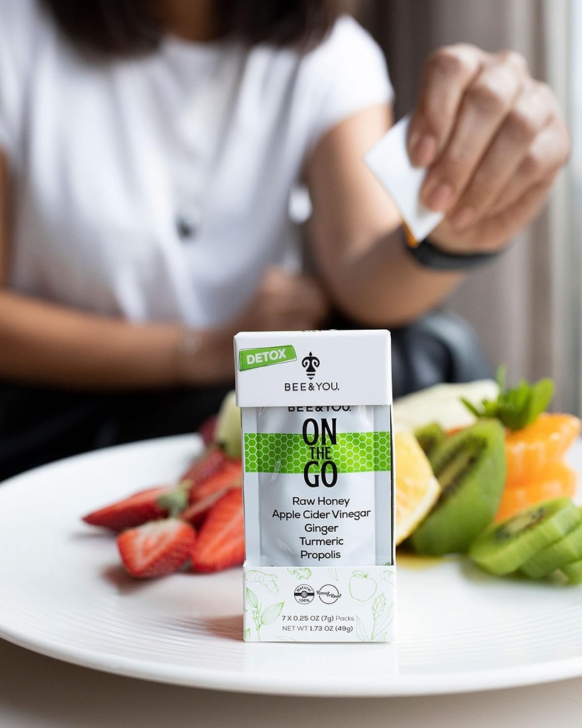 Bee og dig på farten, immunsupporttillæg, Rå honning, Propolis Extract, Apple Cider Vinagre, Ginger, gurkemeje, Kanel, Superfood, Great Tasting, for børn og voksne, 7 Pack
