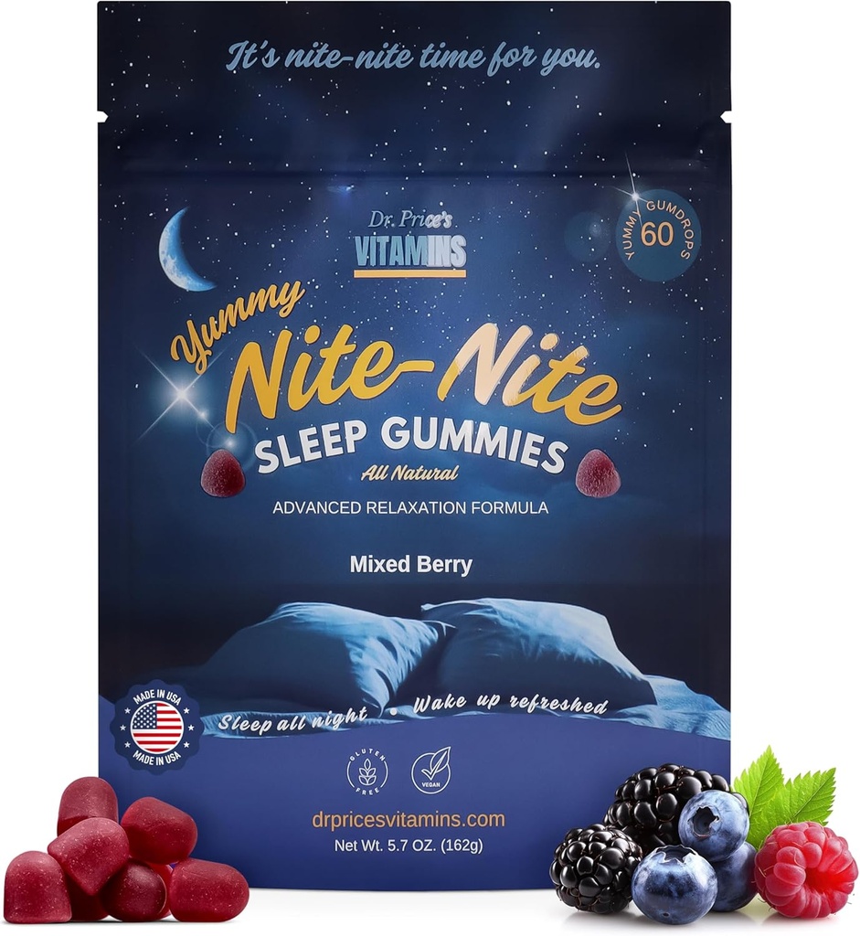 Dr. Price Sleep Gummies for Voksnes - 3 mg Melatonin, L- Theanine, GABA & Herbal Blend - Blandede Berry Flavor, Gluten- Free Sleep Aid - 60 Greve