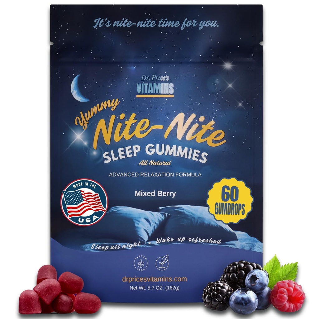Dr. Price Sleep Gummies for Voksnes - 3 mg Melatonin, L- Theanine, GABA & Herbal Blend - Blandede Berry Flavor, Gluten- Free Sleep Aid - 60 Greve
