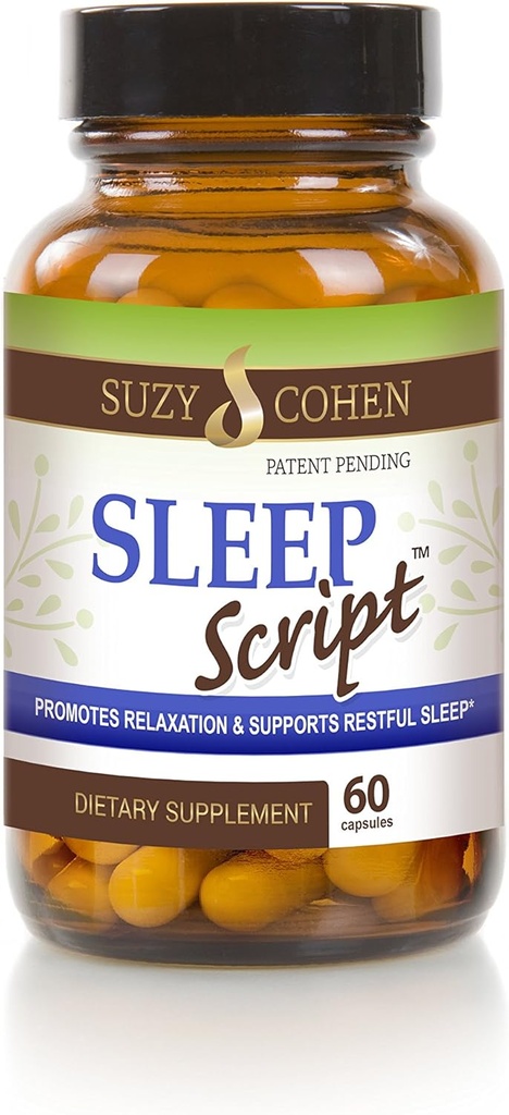 Suzy Cohen Sleep Script med Melatonin - Botanisk søvn og afslapning Formel for voksne til mad, stress og søvn, Indeholder 5- HTP, L- theanin, Passionflower, Lemon Balm og GABA 60 kapsler.