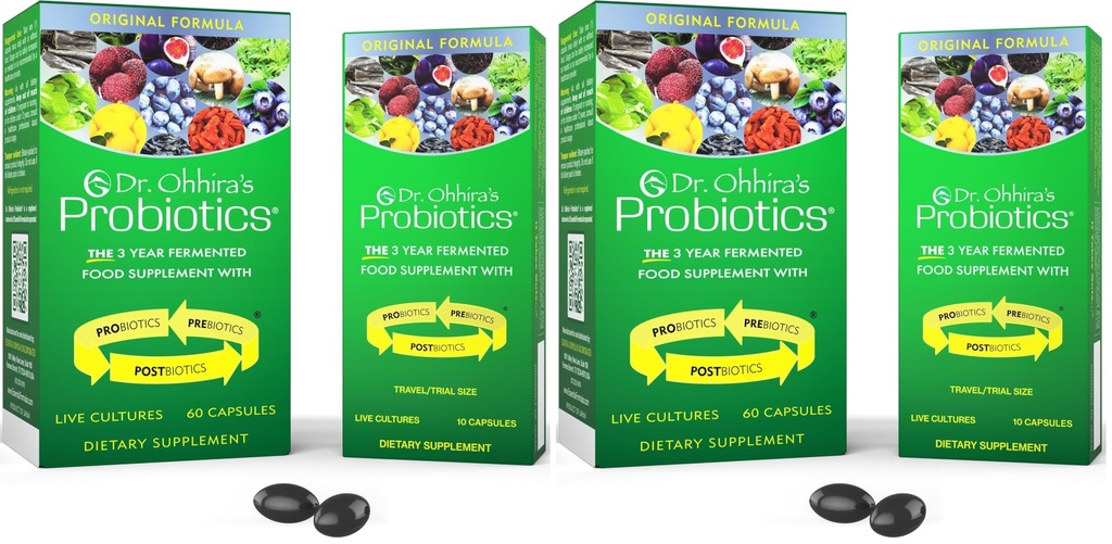 Essential Formulas Dr. Ohhira's Probiotics, Original Formula, 60 Caps with Bonus 10 Capsule Travel Pack - 13 Probiotic Strains with Prebiotics and Postbiotics (Pack of 2)