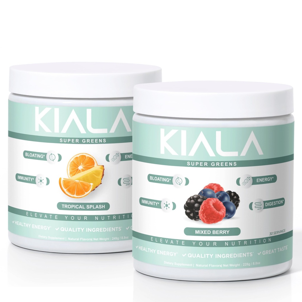 Kiala Nutrition Super Green, Organic Green Powder, Spirulina & Chlorella Superfood Powder, Sugar & Gluten Free Vegan, Spectra Blend, Tropical Slush, Mixed Berry 2 Pack