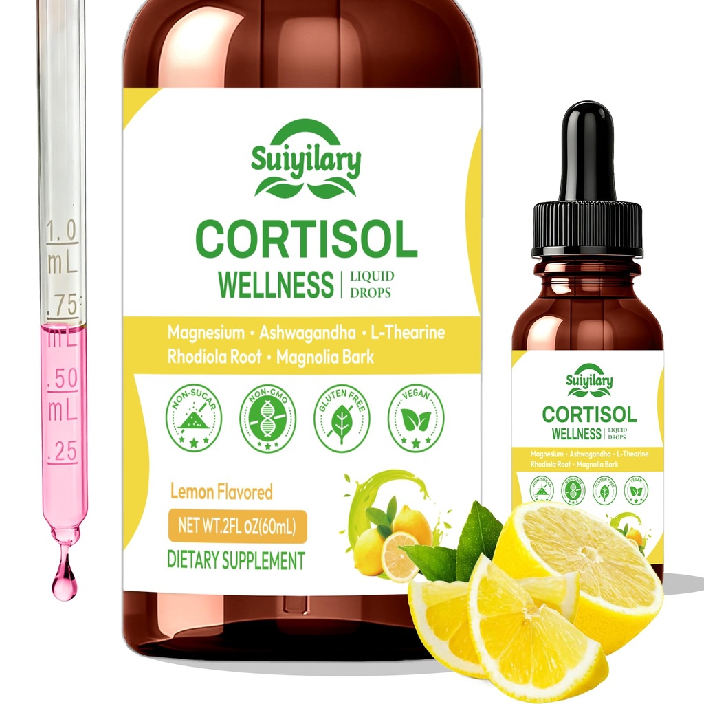 Suiyilary Cortisol Liquid Drops Support Supplements for Men and Women, Cortisol Detox Hormone Balance with Magnesium, Ashwagandha, L-theanine for Mood Support, Lemon Flavor, 60ml (60ml)