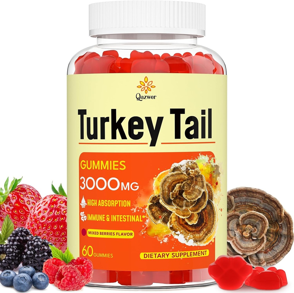 Tyrkiet Tail Mushroom, Tyrkiet Tail (100% Fruiting Body, 40% Beta Glucans) tilføje Black Pepper, Mushroom Gummies for Gut, Energy, Brain & immunsupport, Blandede bær Flavor 124; Vegan, Non-GMO, 60ct