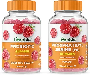 Lifeable Phosphatidylserin (PS) + Probiotisk 2 Millioner CFU, Gummies Bundle - Great Tasting, Vitamin Supplement, Gluten Free, GMO Free, Chewable Gummy