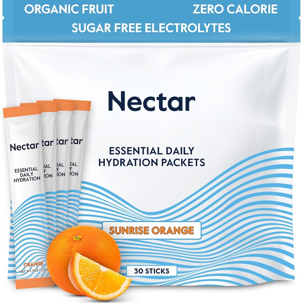 Nectar Hydration Pakninger - Elektrolyter Powder Pakninger - Ingen sukker eller kalorier - Organic Fruit Liquid Daily IV Electrolytes Powder for Dehydration Relief og Rapid Rehydration (Orange 30 Pack)