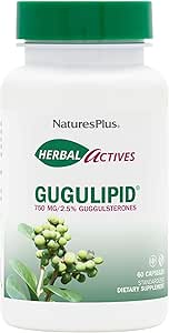 Natures Plus Herbal Actives Gugulipid - 750 mg, 2,5% Guggulsterones - 60 Veganske kapsler - Ayurvedic Botanisk supplement - Maksimal potens - Vegetarisk, Gluten- Free - 60 Servere