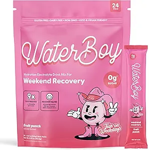 Waterboy Weekend Recovery x FOW MSD 124; 3,200mg Electrolyte Powder Packets MSD 124; Ginger + L- Theanine + Vitamin MSD 124; No Sugar, All Natural, Gluten Free MSD 124; 24 Drink Stick Mixes (Fruit Punch)