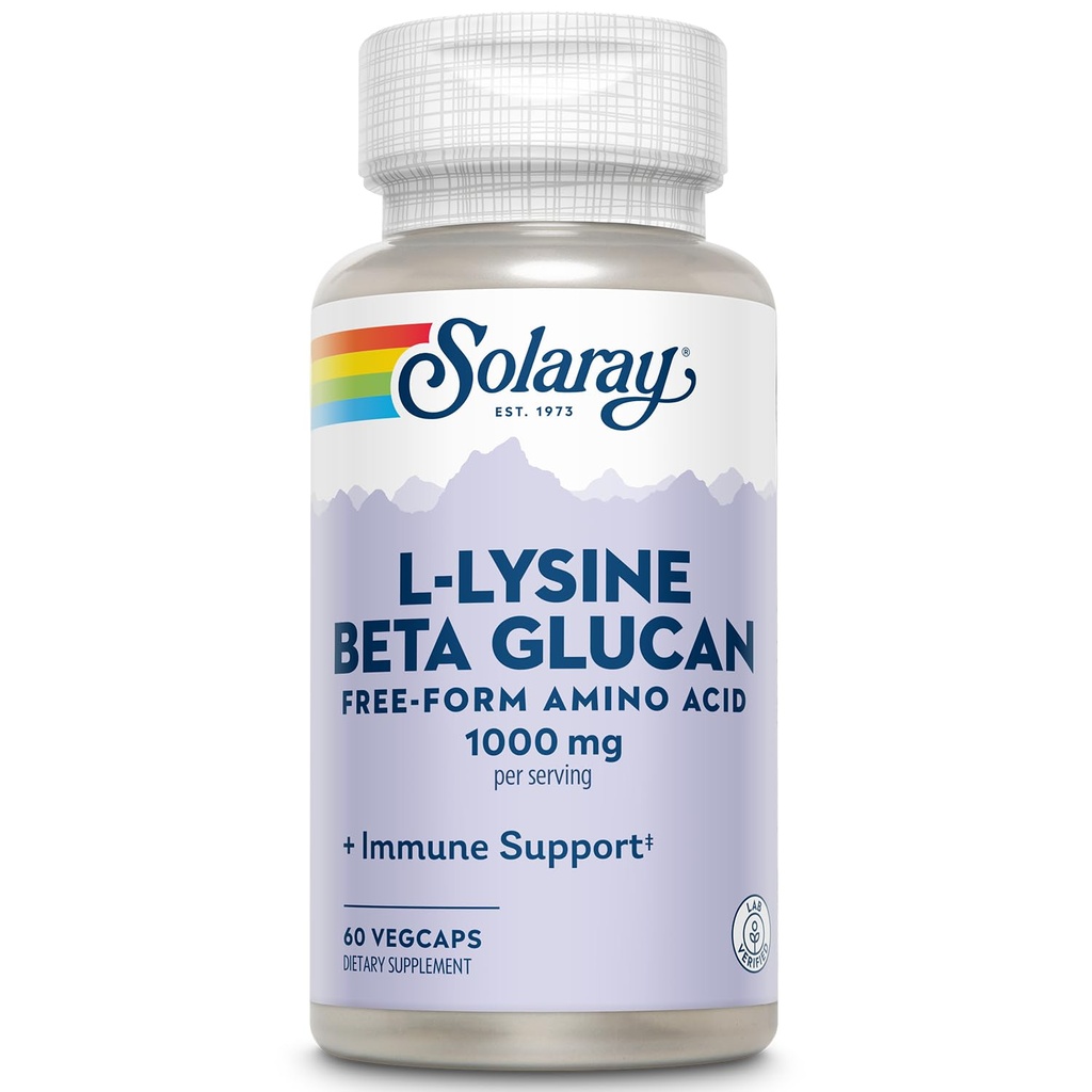 SOLARAY L- Lysin med Beta glucan, Gratis form Aminosyre, L- Lysin 1000mg kapsler, immunsupport supplement, sund hud og læber støtte, 60- dag garanti, Lab Verified, 30 Servere, 60 VegCaps