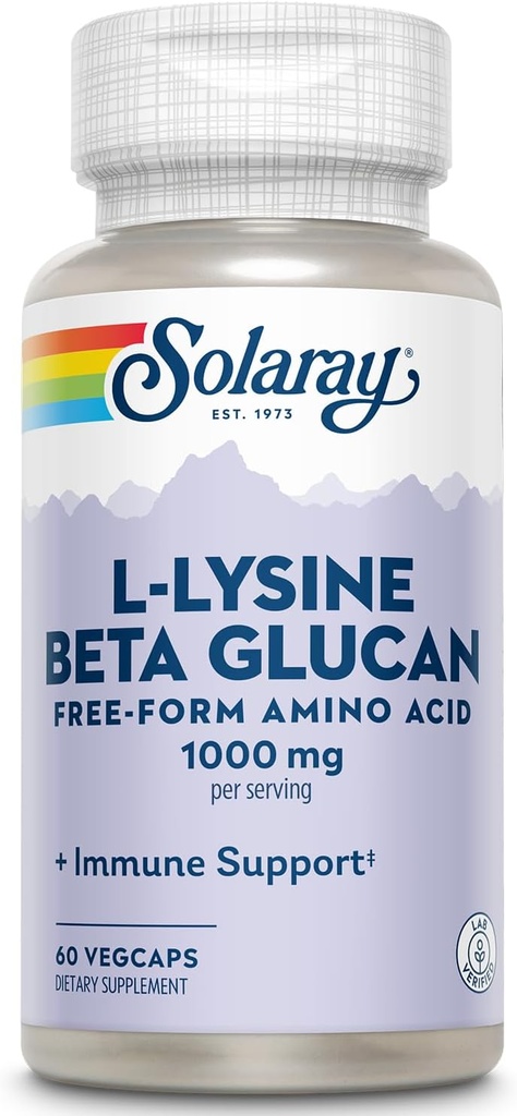 SOLARAY L- Lysin med Beta glucan, Gratis form Aminosyre, L- Lysin 1000mg kapsler, immunsupport supplement, sund hud og læber støtte, 60- dag garanti, Lab Verified, 30 Servere, 60 VegCaps