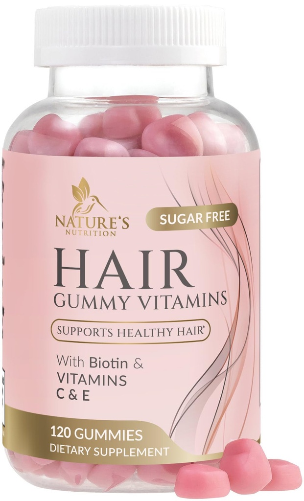 Hair Vitamins Gummies - Sugar Free Hair Growth Support Gummy with Biotin 5000 mcg Per Serving, Vitamin A, B12, C, D, E, Folic Acid - Supports Strong Beautiful Hair and Nails, Vegetarian - 120 Gummies