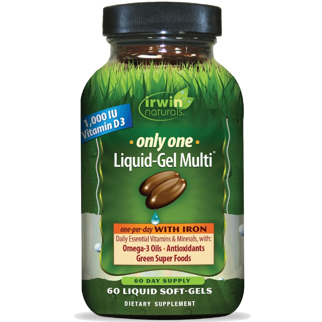 Irwin Naturals Only One Liquid- Gel Multi med jern - 60 flydende bløddele - Daily Essential Vitamin, Minerals, Antioxidants, Omega- 3s & Green Super Foods