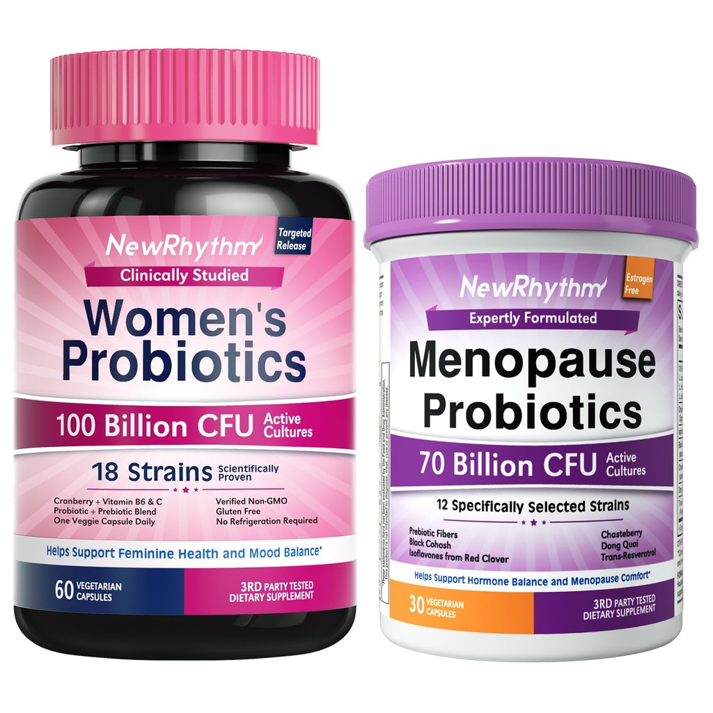 NewRhythm Women's Premium Bundle: Vaginal Health with P-5-P & Vitamin C + Menopause Relief with Botanicals, 18 Strains, 90 Capsules