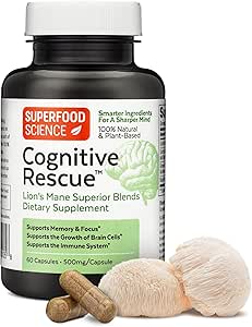 Cognitive Rescue, Lions Mane Mushroom Capsules w / Lions Mane Dual Extract, Nootropics, Brain Supplement for Memory and Focus, Mushroom immunsupport w / B Vitaminer Complex, BioPerine, 60 kapsler