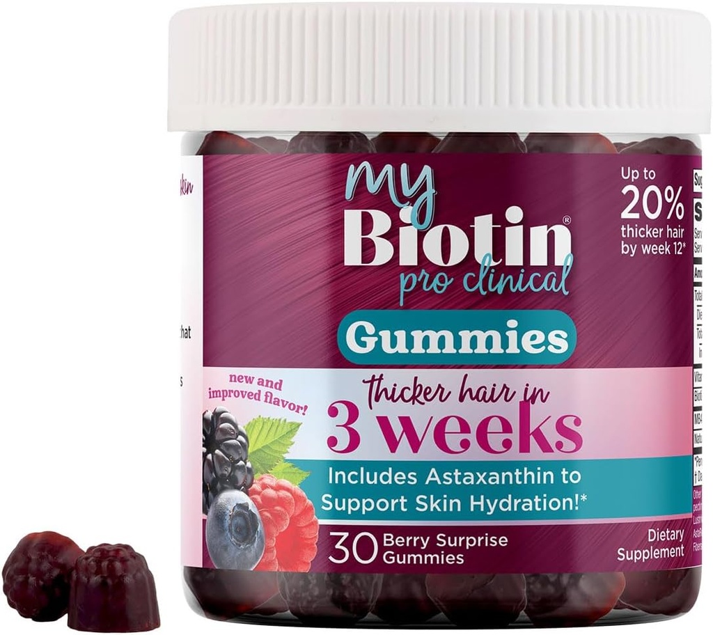 Renhed Produkter MyBiotin ProClinical Gummies - Thicker Hår Starter i 3 Uger & Fights Rynker - MB40X Biotin Matrix w / Astaxanthin - 40X Mere Opløselig vs Ordinary Biotin 30 Berry Gummy Tykkere