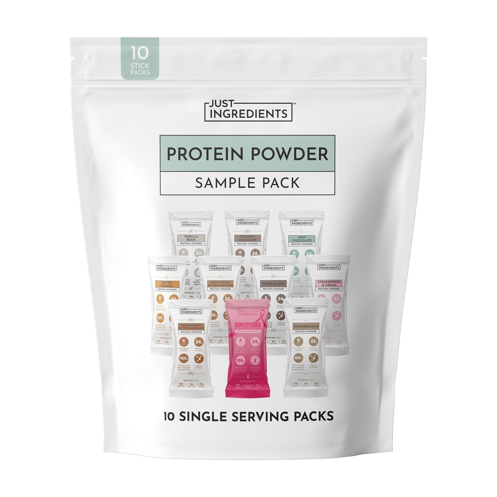 JUST INGREDIENTS Protein Powder Sample Pack, 10 Single Serve Stick Packs, Grass-Fed Whey Protein, 22-24g Protein, No Sugar Added, No Artificial Sweeteners, Gluten-Free, Keto-Friendly