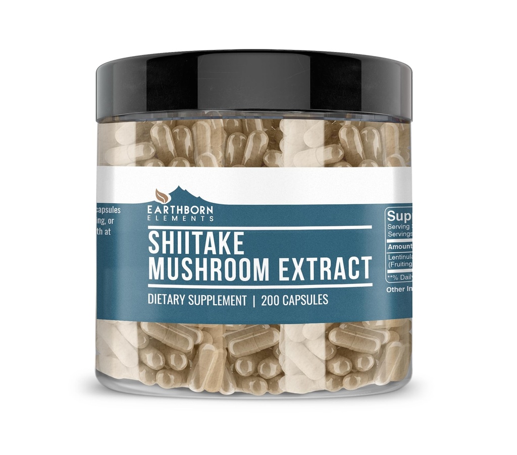 Earthborn Elements Shiitake Mushroom Extract 200 Kapsler, Pure & Ufortyndet, Ingen tilsætningsstoffer