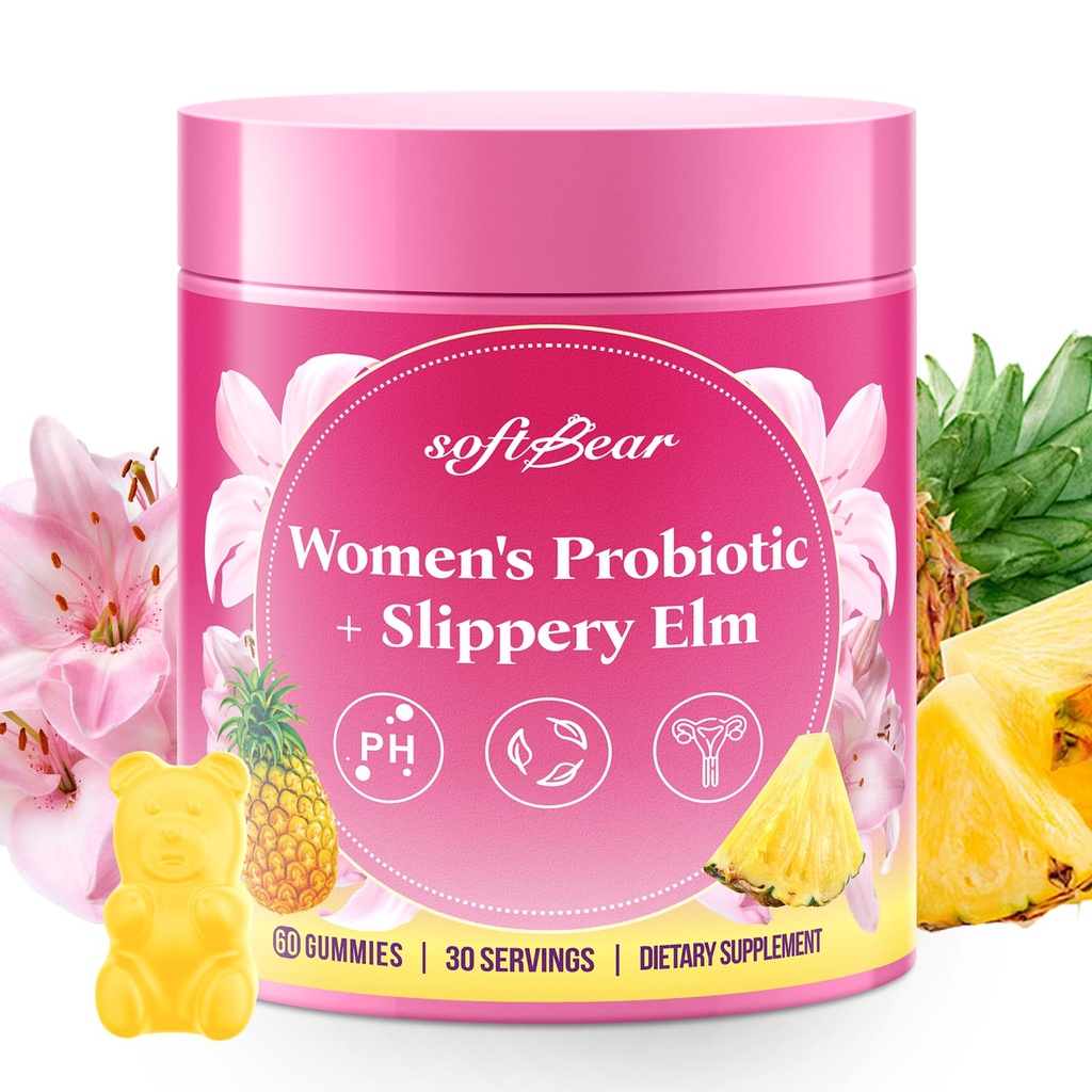 softbear Womens Probiotic Slippery Elm Gummies, Feminine Vaginal Probiotics Pineapple Gummies for Women pH Balance & Flora Health, Vegan/Sugar-Free/Non-GMO, 60 Count