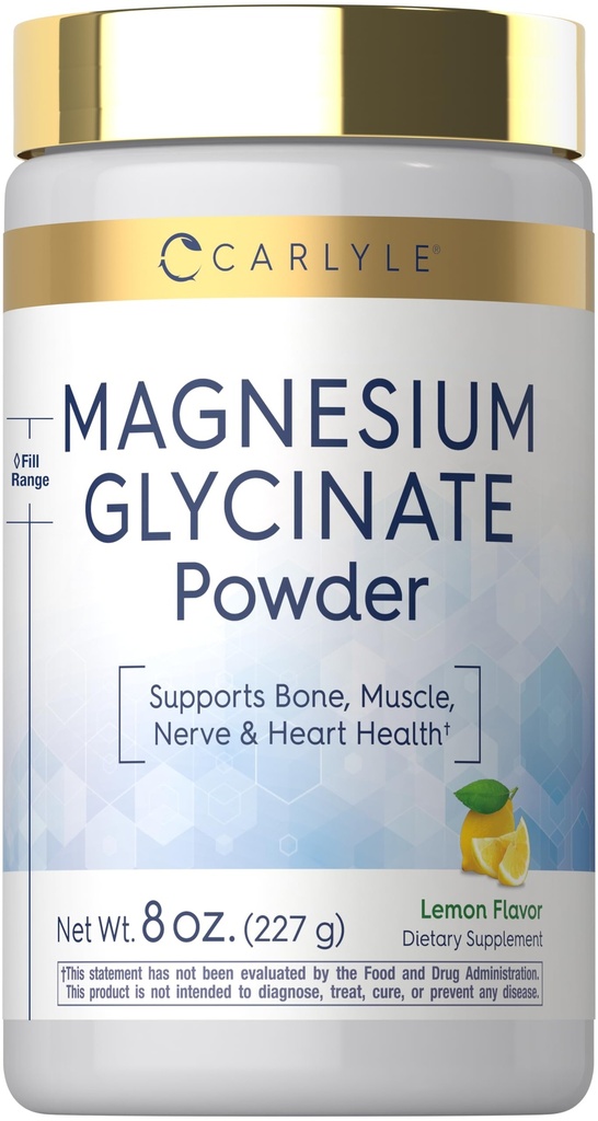 Carlyle Magnesium Glycinate | 8 oz Powder | Lemon Flavor | Vegan, Non-GMO, Gluten Free Supplement
