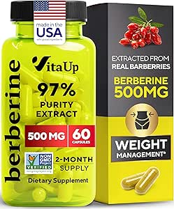 Berberine Supplement 500mg - USA Made Berberine 500mg - Non-GMO Berberine HCL - Berberine Kosttilskud til vægttab, energi, immunforsvar - 60 kapsler