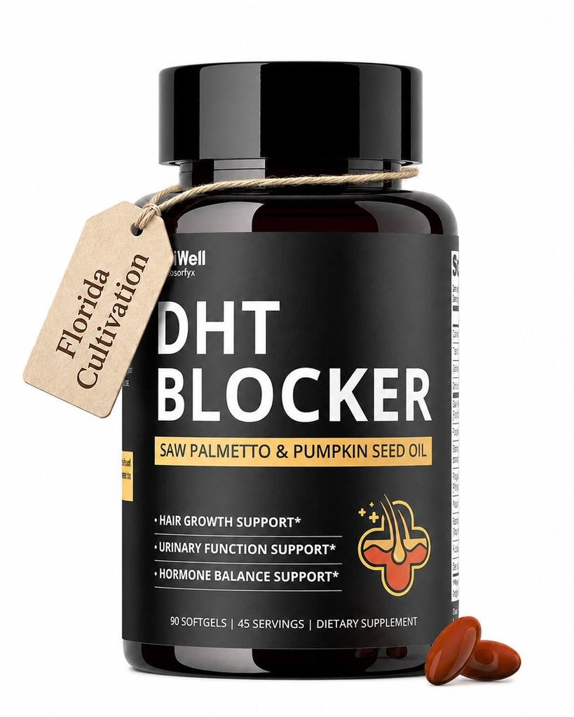 DHT Blocker for Men, 10-in-1 Hair Growth Supplement with Florida Grown Saw Palmetto 320mg, GMO Free, Gluten Free, for Thinning Hair, Hairline & Crown Support, 90 Softgels, 45 Servings