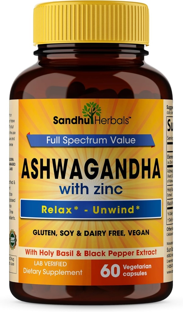 SANDHUHERBALS Sandhu Herbals Ashwagandha Supplement øb 124; 60 Organic 4 i 1 kapsler, 1 måned Tilførsel 124; med zink, sort pepper og Holy Basil Extract