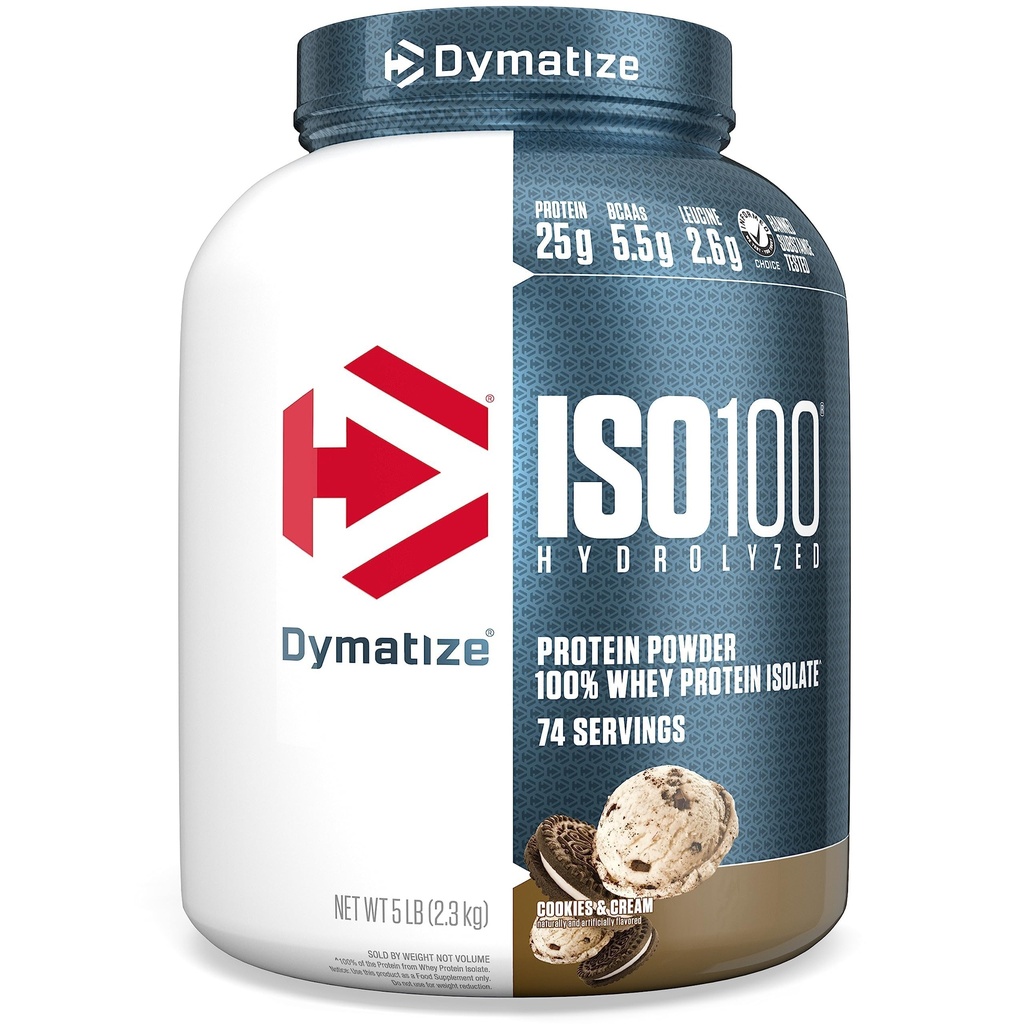 Dymatisere ISO100 Whey Protein Powder Isolate, Cookies & Cream, 25g protein, 5 Pund, 5,5g BCAA, mindre end 120 Cal., Gluten Free, 1g fedt, 1g sukker, 2g carb (74 Servere)