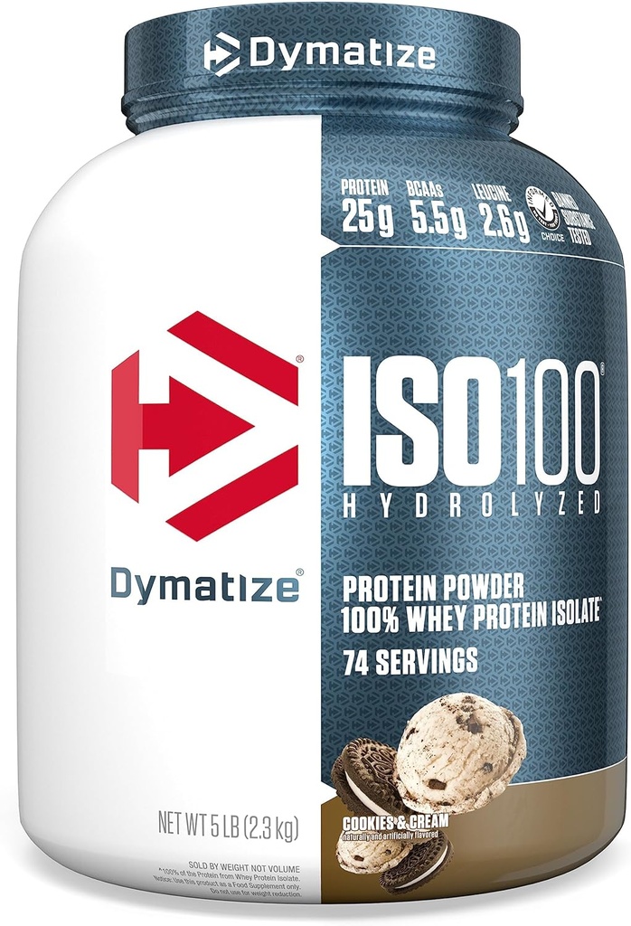Dymatisere ISO100 Whey Protein Powder Isolate, Cookies & Cream, 25g protein, 5 Pund, 5,5g BCAA, mindre end 120 Cal., Gluten Free, 1g fedt, 1g sukker, 2g carb (74 Servere)