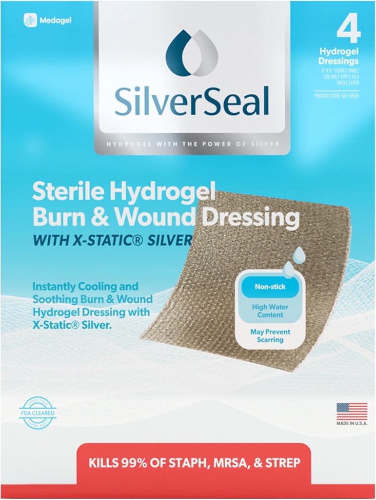 SilverSeal Burn and Wound Dressing Mea124; Hydrogel Pads med X- Statisk Sølv Mea124; Lindrende, Fugtig & Beskyttende Measures 124; Burns, Cuts & Wounds Measures 124; 4 Steril Dressings