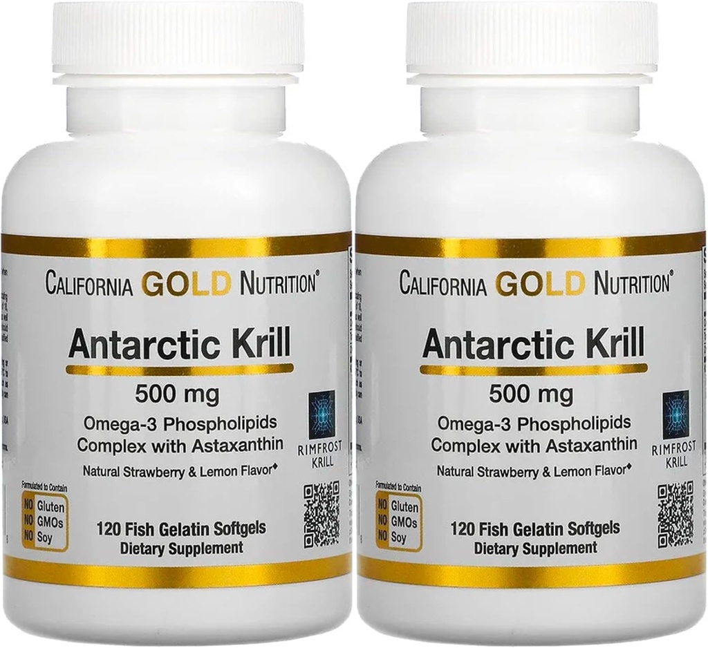 California Gold Nutrition Antarctic Krill Oil, Ultra-High Omega-3 med Astaxanthin, Natural Strawberry & Lemon Flavor, Non GMO, Gluten Free, 500 mg, 120 Fish Gelatine Softgels, 2 Pack