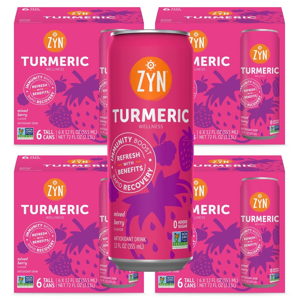 ZYN Turmeric Wellness Drink (24 Pack), Mixed Berry Flavored Turmeric Curcumin Drink with Black Pepper, No Added Sugar, Low Carb & Low Calorie Drink, Clean Alternative