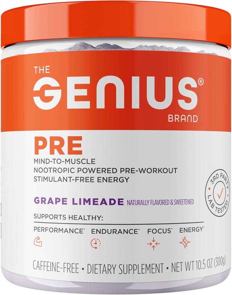 Genius Pre Coffeine- Free Pre Workout Boosted Energy, Fokus, Performance Nootrop Formel AlphaSize, Citrullin Malate, CarnoSyn Beta Alanine Endurance, Stamina, Inddrivelse, 20 Serveringer - Grape Limeade