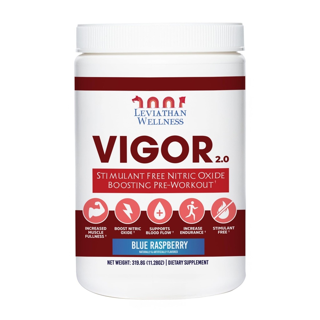 Vigor V2 - Stimulant-Free Nitric Oxide Pre-Workout Powder | 1500mg of Each: L-Citrulline, Nitrosigine and GlycerPump | Blue Raspberry | 30 Servings, 10.45g Each | Made in USA