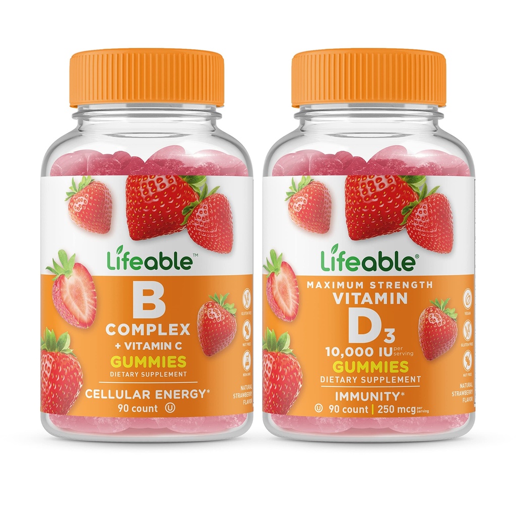 Lifeable B Complex + D-vitamin 10000 IE, Gummies Bundle - Great Tasting, Vitamin Supplement, Gluten Free, GMO Free, Chewable