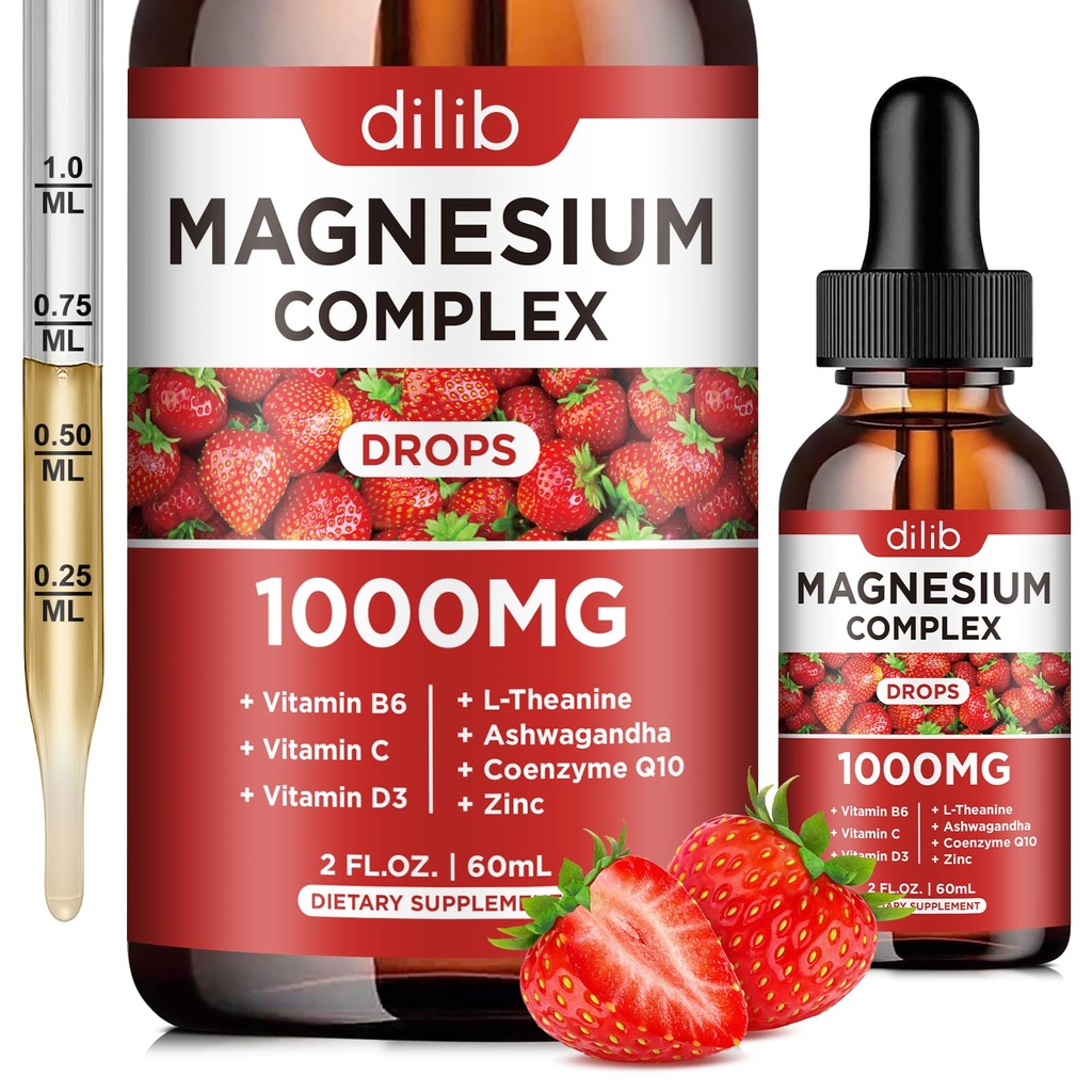 Triple Magnesium Complex supplement, Magnesium Glycinate, Blend, Citrate Liquid Drops 1000mg med Ashwagandha, CoQ10, B6-vitamin, C, D, Zink -support rolig stress relief, ben, muskel, Mood Vegan