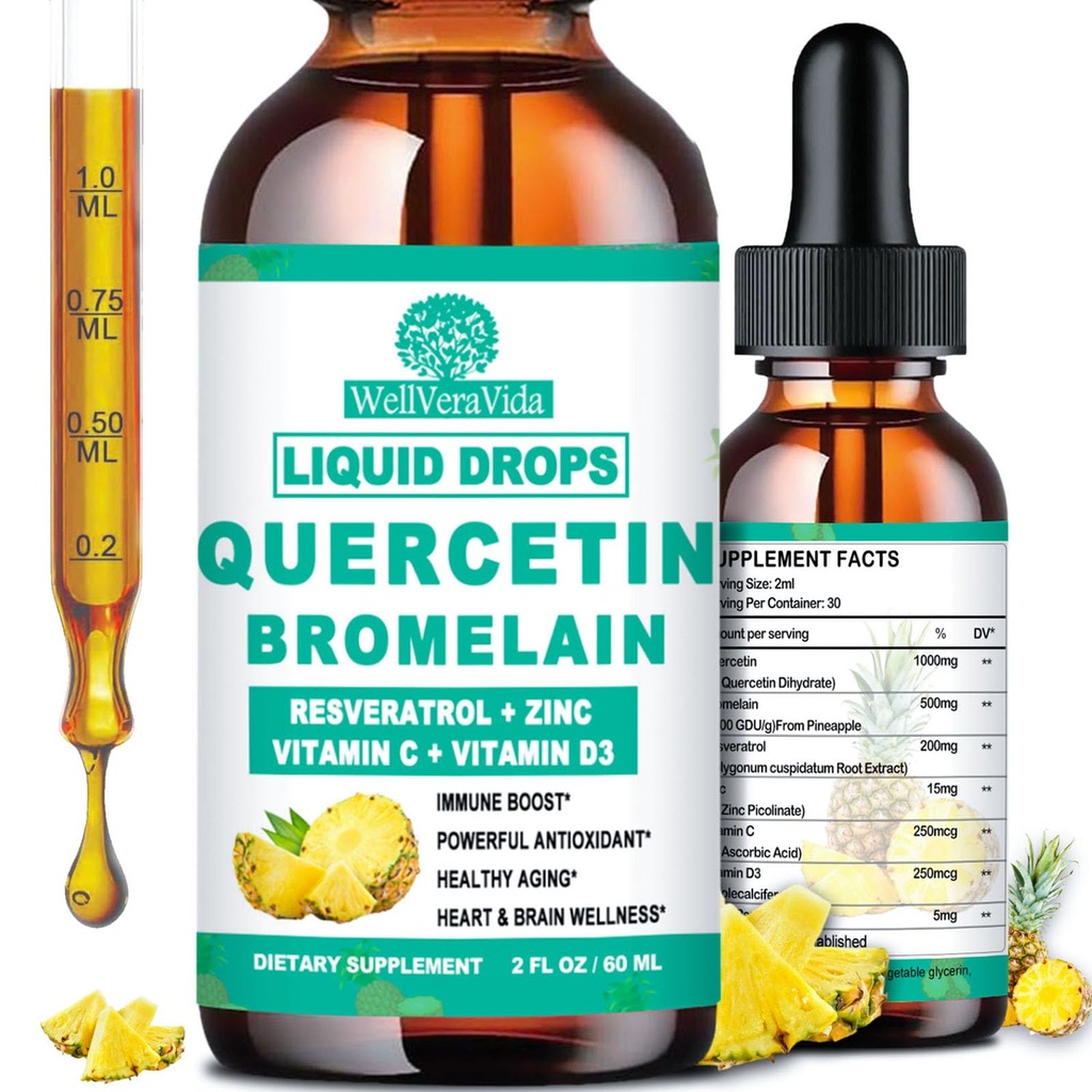 Quercetin med bromelain Liquid Drops, 4X stærkere end kapsler og piller, 7- in-1 Organic Zink Quercetin 1000mg med bromelain 500mg vitamin C D3 Immunstøtte til respiratorisk sundhed & antioxidant