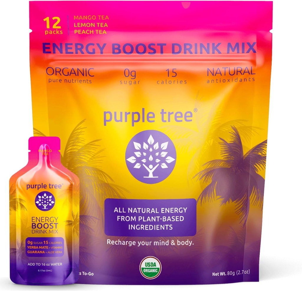 lilla træ Organic Energy Stick Pakninger - Zero Sugar, 80mg Natural Koffein fra Yerba Mate & Guarana, med B12 Vitamin til Glat, Crash-Free Energy - Lemon Iced Tea Flavor, 12 to- Go Pakninger
