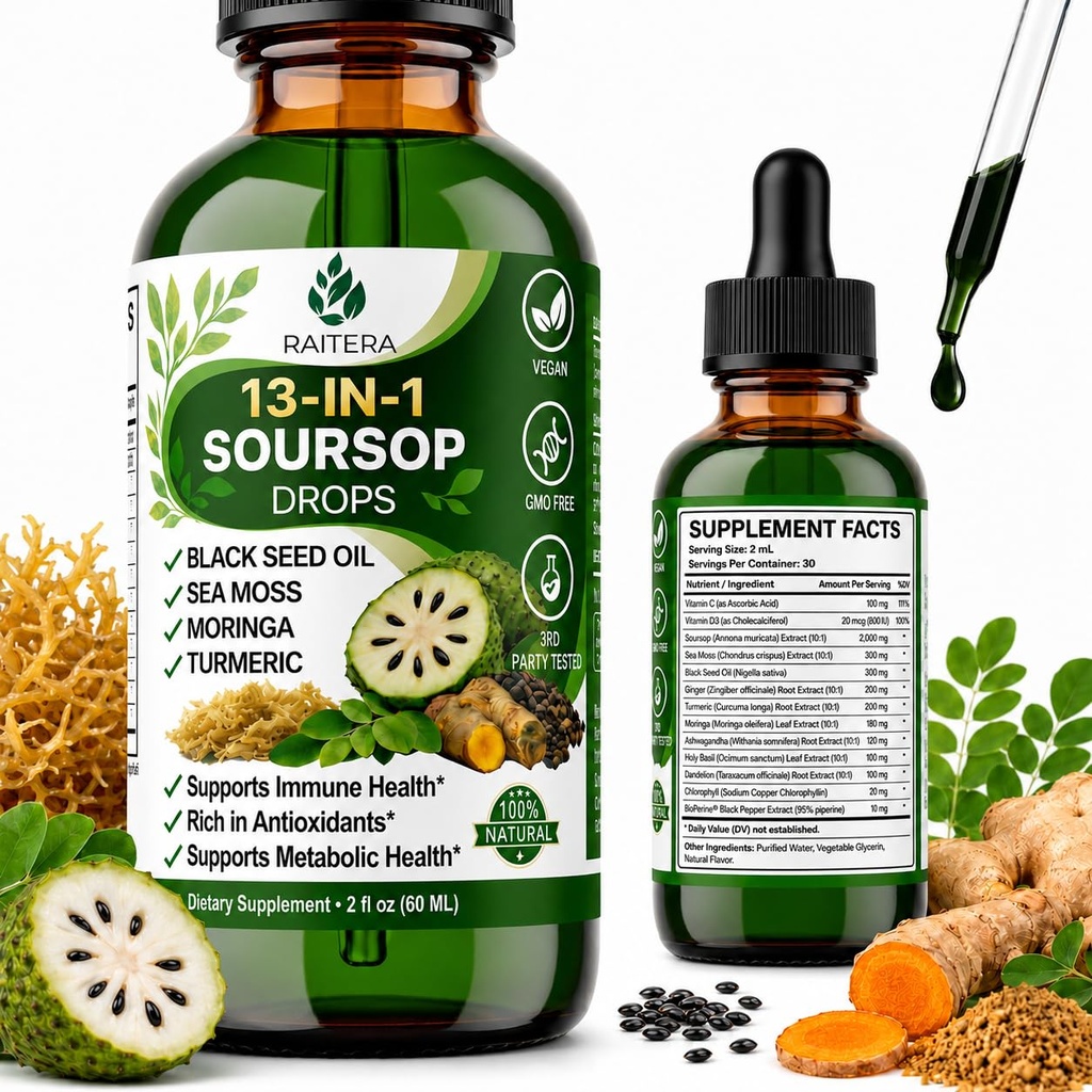 Soursop Graviola Liquid Drops 2000mg, Organic Soursop Bitters Liquid, Antioxidant Blend Sea Moss, Vitamin C, D3 (2 Fl Oz)