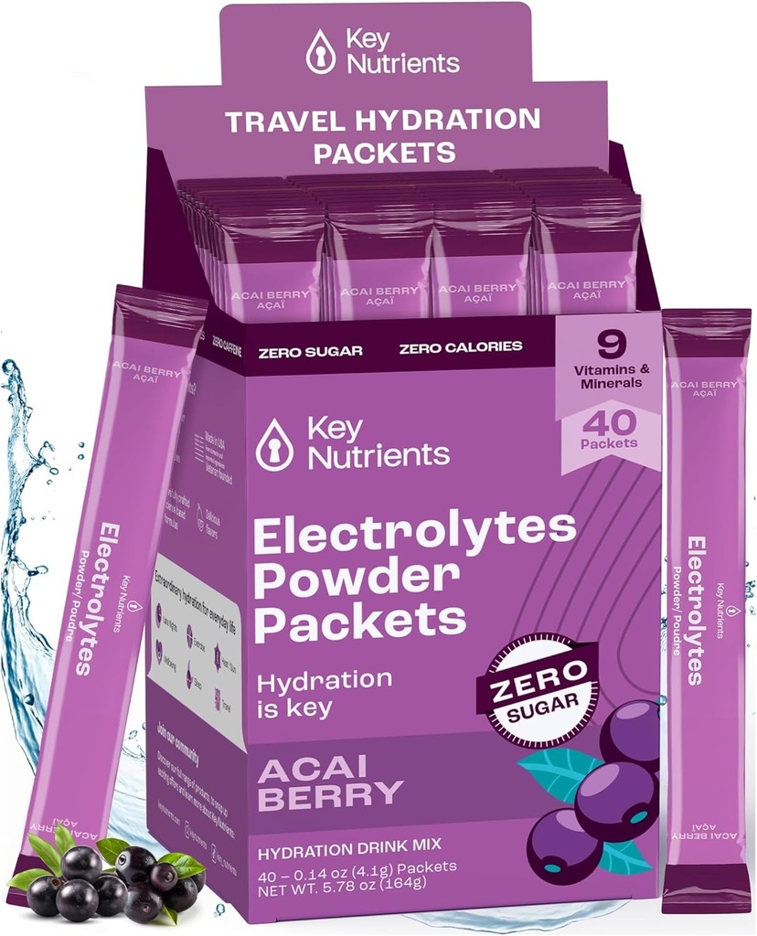 KEY NUTRIENSER Multivitamin Electrolytes Powder Packets - Lækker Acai Berry 40 Pack Hydration Packets - Rejse Hydration Powder - Ingen sukker, Ingen kalorier, Gluten Free - Made in USA