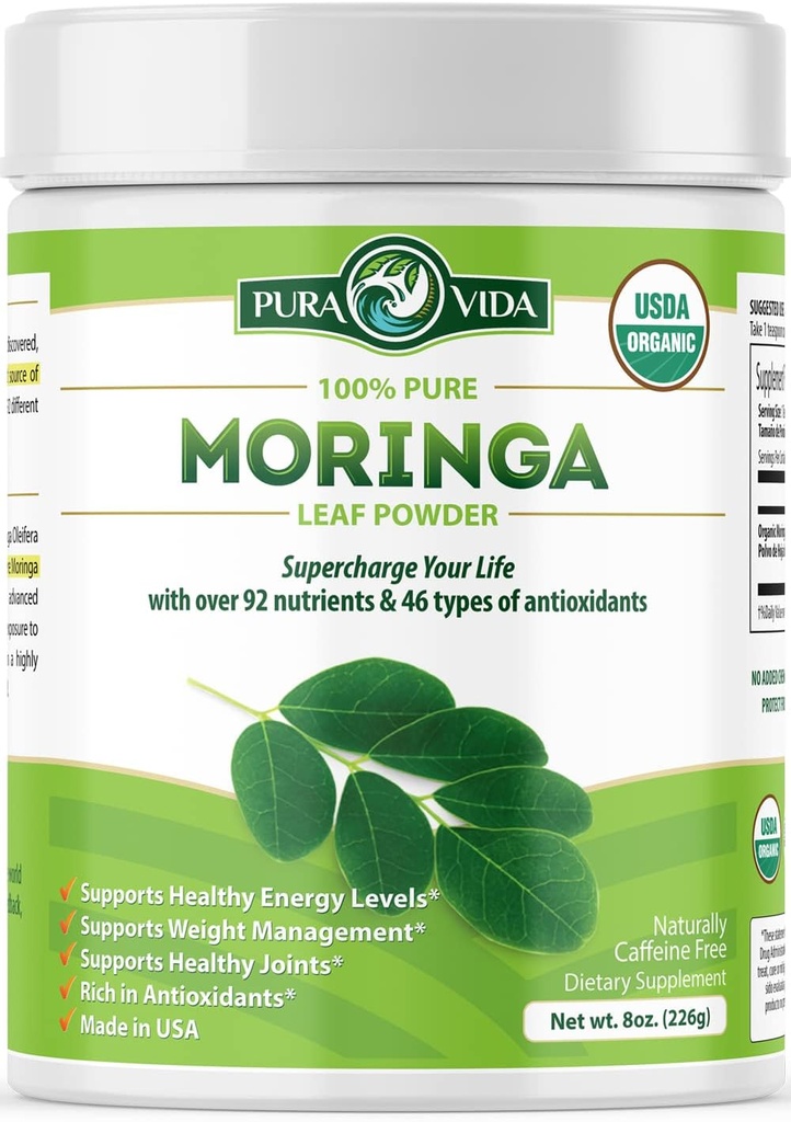 PURA VIDA MORINGA Powder Organic Single Origin - Premium 100% Leaf Powder, USDA Organic Moringa Oleifera, Moringa Leaf Powder - Perfekt til smoothies & opskrifter. 8 oz.