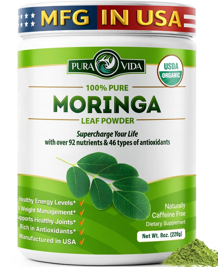 PURA VIDA MORINGA Powder Organic Single Origin - Premium 100% Leaf Powder, USDA Organic Moringa Oleifera, Moringa Leaf Powder - Perfekt til smoothies & opskrifter. 8 oz.