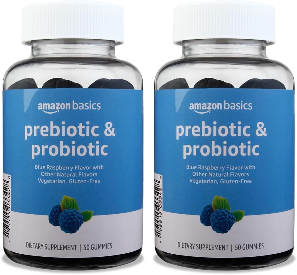 Grundlæggende Prebiotic & Probiotic Gummies, 2 Millioner CFU, Blå Hindbær, 50 Count (2 per Serving) (Tidligere Solimo) (Pack of 2)